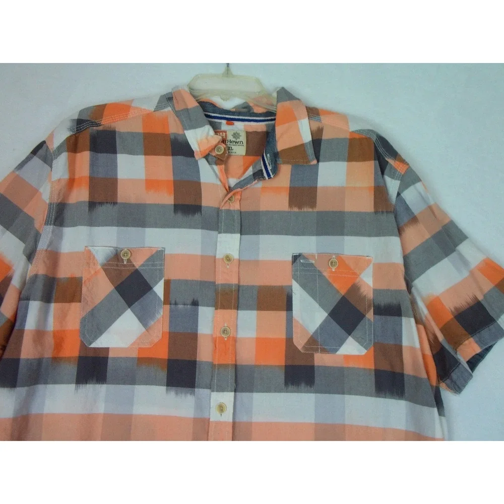 RuffHewn‎ RH Mens Shirt XXL Orange Plaid Button Short Sleeves Pockets